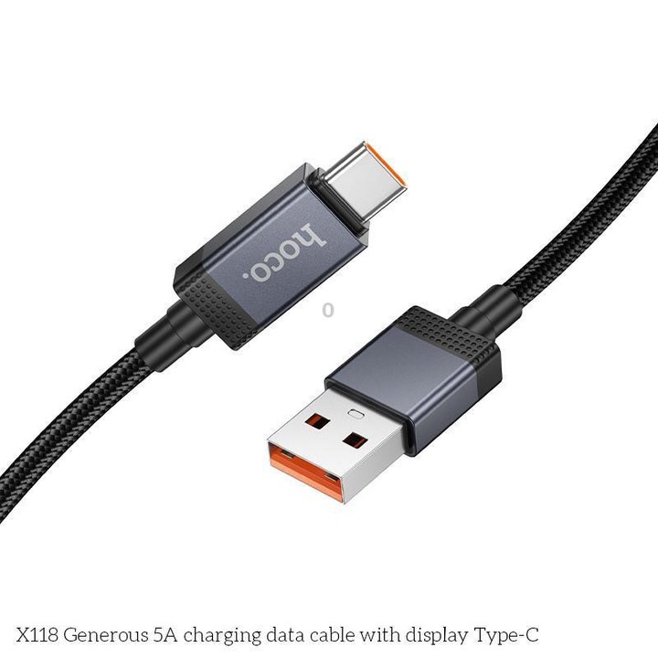 hoco X118 Generous 1m 5A Fast Charging Data Cable with Display, Interface:USB to Type-C(Black)