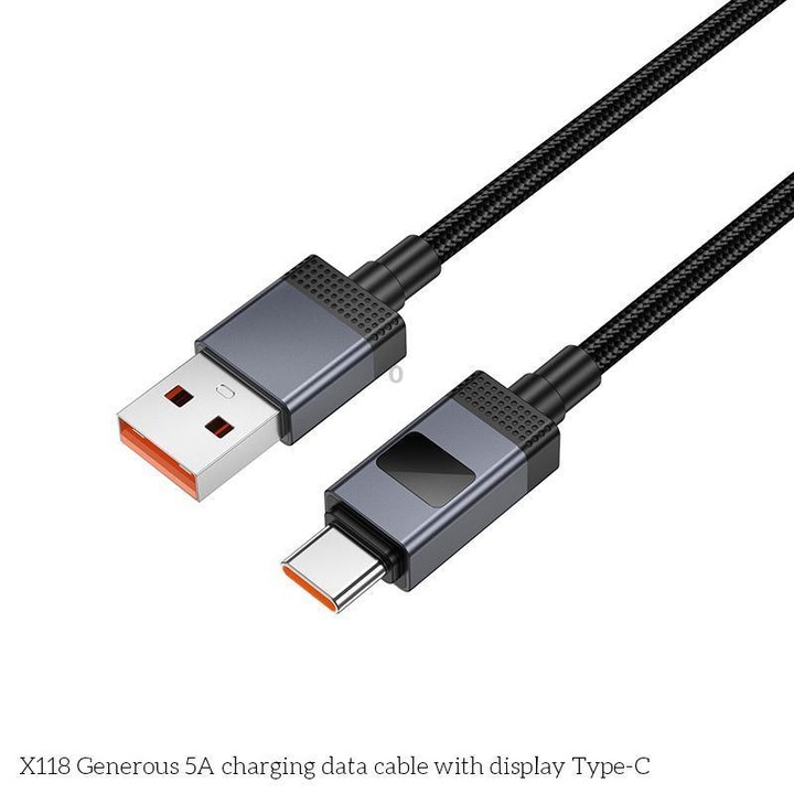 hoco X118 Generous 1m 5A Fast Charging Data Cable with Display, Interface:USB to Type-C(Black)