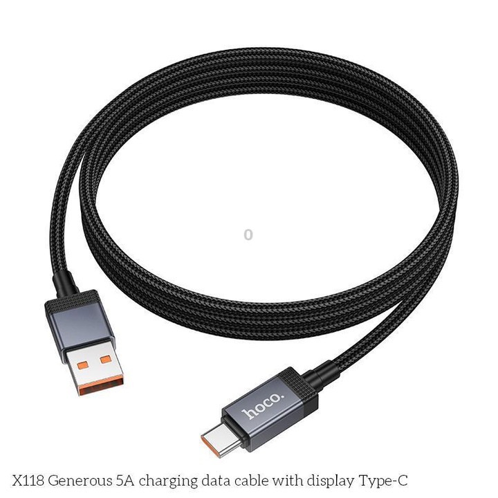 hoco X118 Generous 1m 5A Fast Charging Data Cable with Display, Interface:USB to Type-C(Black)