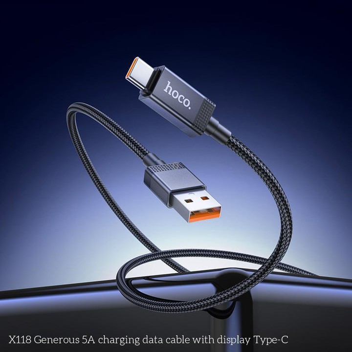 hoco X118 Generous 1m 5A Fast Charging Data Cable with Display, Interface:USB to Type-C(Black)