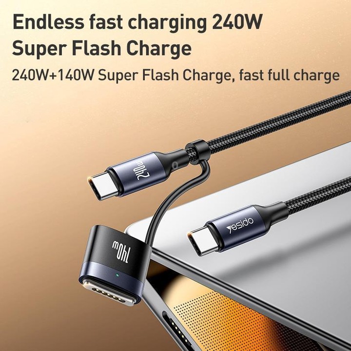 Yesido CA197 2 in 1 240W Type-C to Type-C and MagSafe 3 Magnetic Charging Data Cable, Length: 2m(Black)