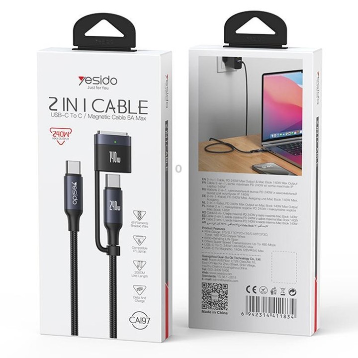 Yesido CA197 2 in 1 240W Type-C to Type-C and MagSafe 3 Magnetic Charging Data Cable, Length: 2m(Black)