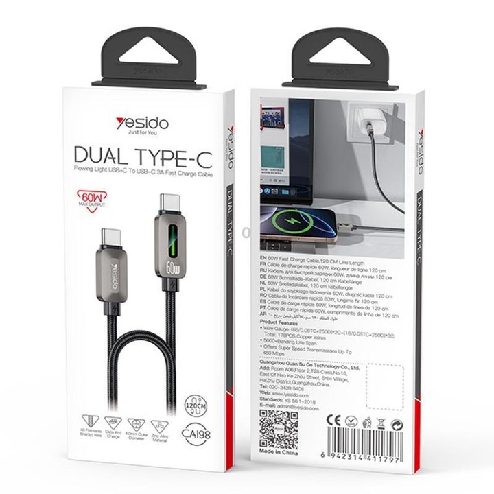 Yesido CA198 60W Type-C to Type-C Streamer Light Data Cable, Length: 1.2m(Grey)