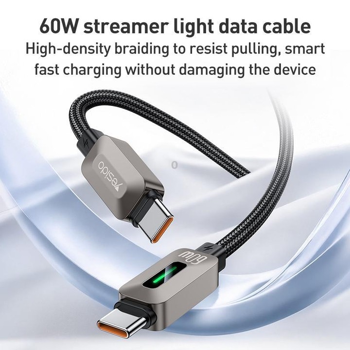 Yesido CA198 60W Type-C to Type-C Streamer Light Data Cable, Length: 1.2m(Grey)