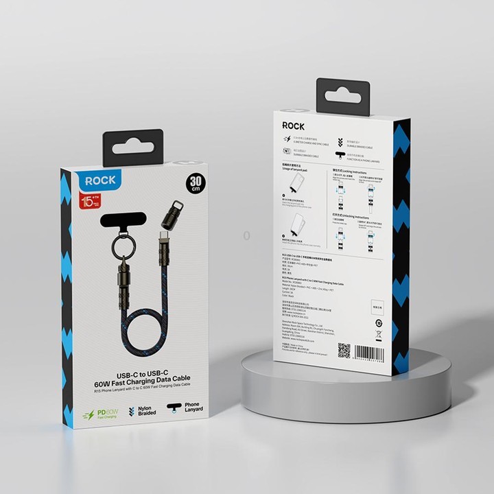 ROCK R15 Type-C to Type-C 60W Phone Lanyard Fast Charging Zinc Alloy Data Cable, Length:30cm(Black)