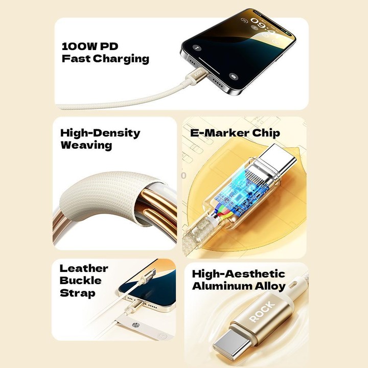 ROCK R18 Type-C to Type-C PD100W Metal Braided Fast Charging Data Cable, Length:1m(Beige)