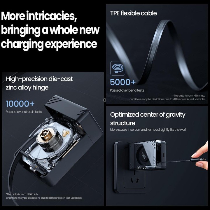 Nillkin IceCore Retractable 65W GaN Fast Charger with Type-C / USB-C Cable, US Plug(Black)
