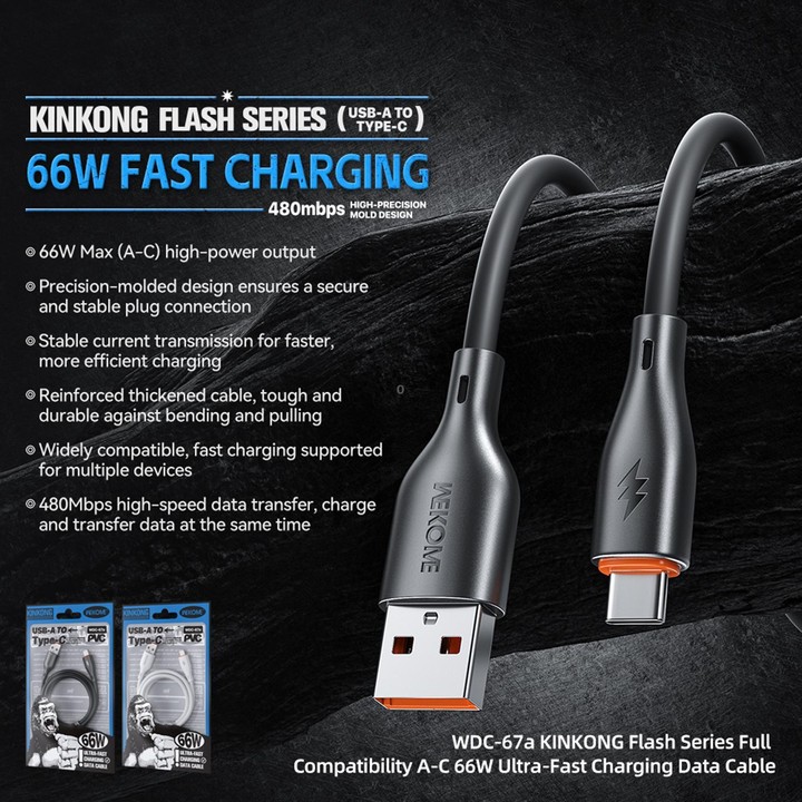 WK WDC-67a Kinkong 1m 66W PVC Data Cable, Interface:USB to Type-C(White)