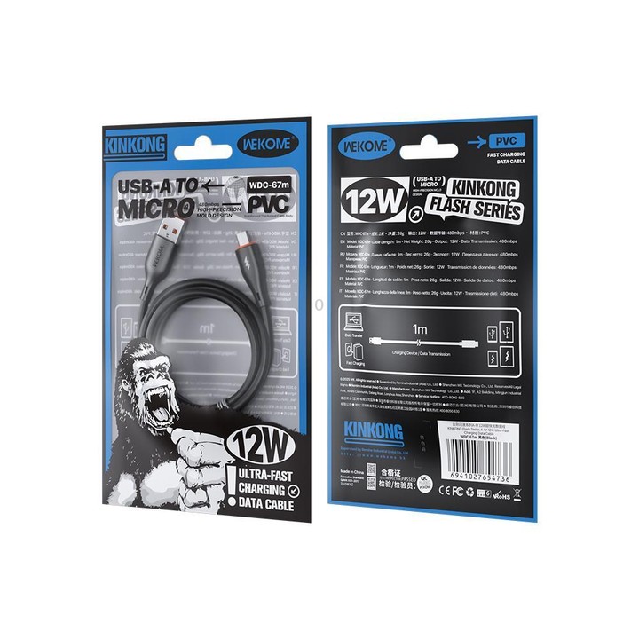 WK WDC-67m Kinkong 1m 12W PVC Data Cable, Interface:USB to Micro(Black)