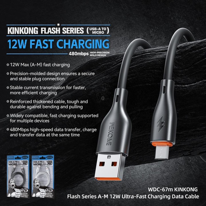 WK WDC-67m Kinkong 1m 12W PVC Data Cable, Interface:USB to Micro(Black)