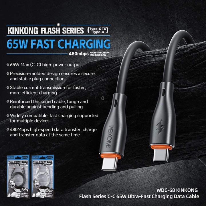 WK WDC-68 Kinkong Flash Series 1m 65W PVC Fast Charging Data Cable, Interface:Type-C to Type-C(Black)