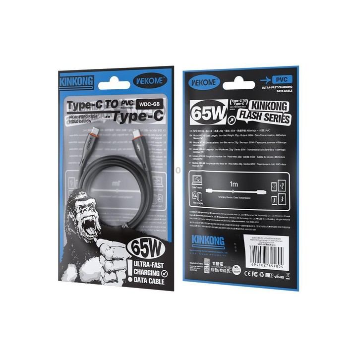 WK WDC-68 Kinkong Flash Series 1m 65W PVC Fast Charging Data Cable, Interface:Type-C to Type-C(Black)