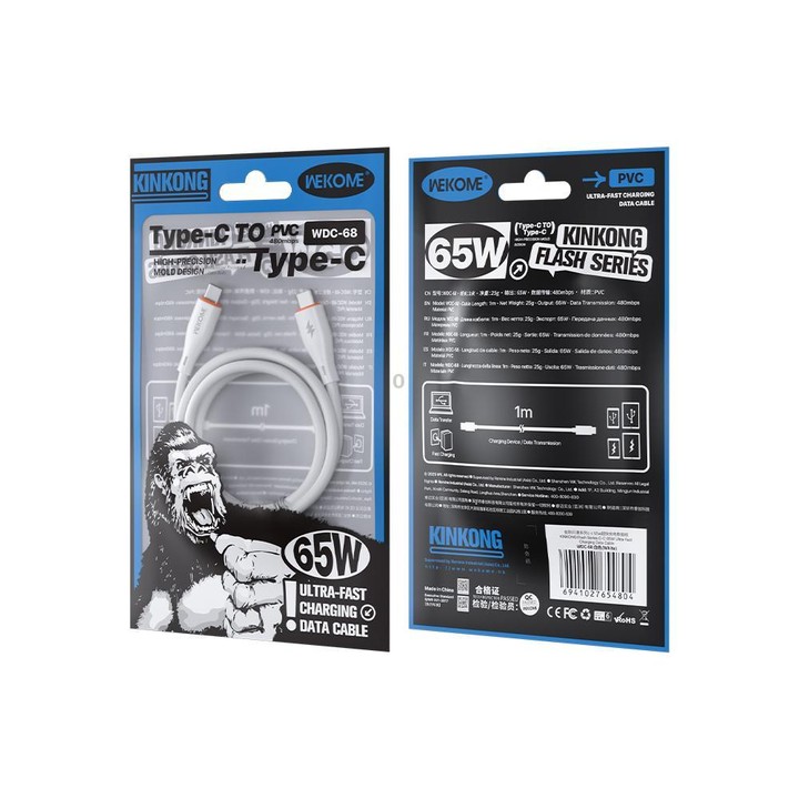 WK WDC-68 Kinkong Flash Series 1m 65W PVC Fast Charging Data Cable, Interface:Type-C to Type-C(White)