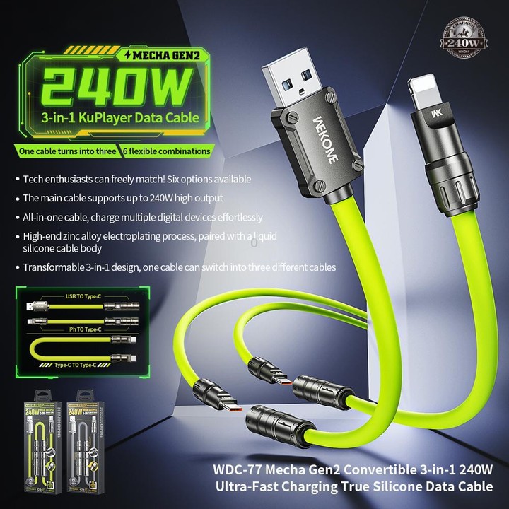 WK WDC-77 Convertible 3 in 1 240W Ultra-Fast ChargingTrue Silicone Data Cable, Interface:6 in 1(Green)