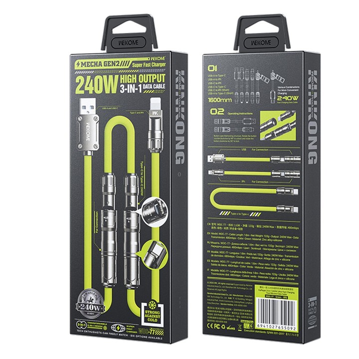 WK WDC-77 Convertible 3 in 1 240W Ultra-Fast ChargingTrue Silicone Data Cable, Interface:6 in 1(Green)