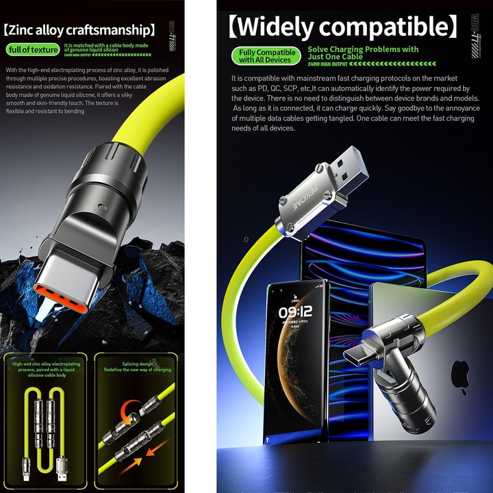 WK WDC-77 Convertible 3 in 1 240W Ultra-Fast ChargingTrue Silicone Data Cable, Interface:6 in 1(Green)