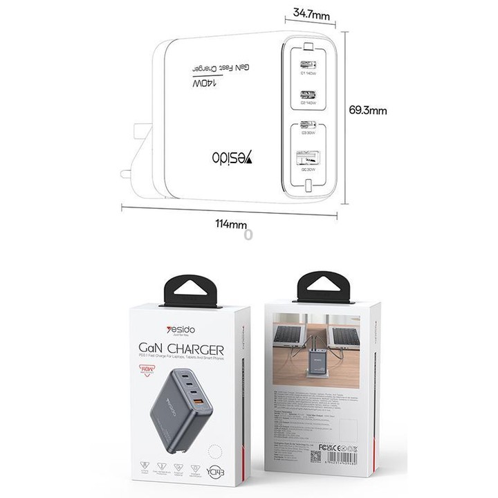 Yesido YC143 140W 4 Ports GaN Fast Charging Charger, 3 x USB-C / Type-C, 1 x USB-A(US Plug)