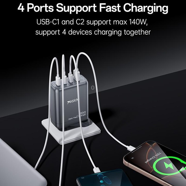Yesido YC143 140W 4 Ports GaN Fast Charging Charger, 3 x USB-C / Type-C, 1 x USB-A(US Plug)