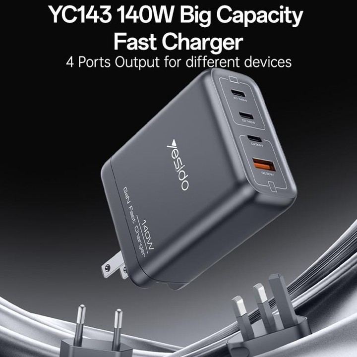 Yesido YC143 140W 4 Ports GaN Fast Charging Charger, 3 x USB-C / Type-C, 1 x USB-A(US Plug)