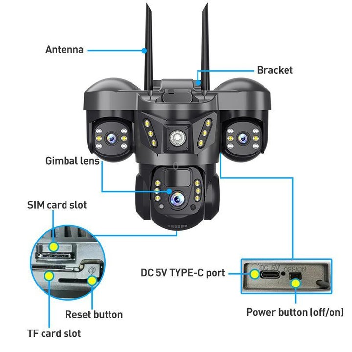 VTS29 6MP Multi-lens Panoramic Solar Surveillance PTZ Dome Camera, Model:Southeast Asia WiFi(Black)