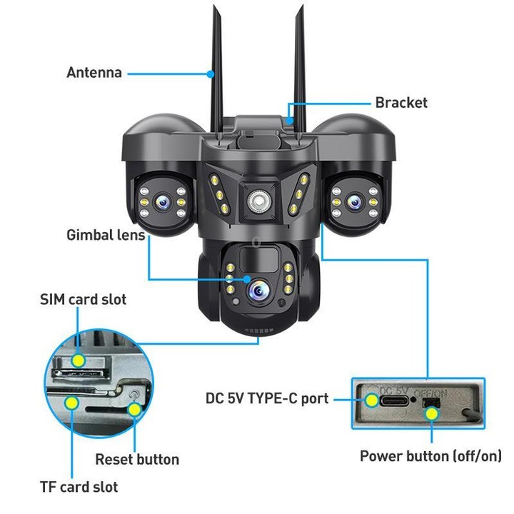 VTS29 6MP Multi-lens Panoramic Solar Surveillance PTZ Dome Camera, Model:Southeast Asia 4G(Black)