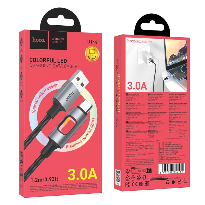 hoco U144 Colorful LED 3A USB to Type-C Charging Data Cable, Length: 1.2m(Black)