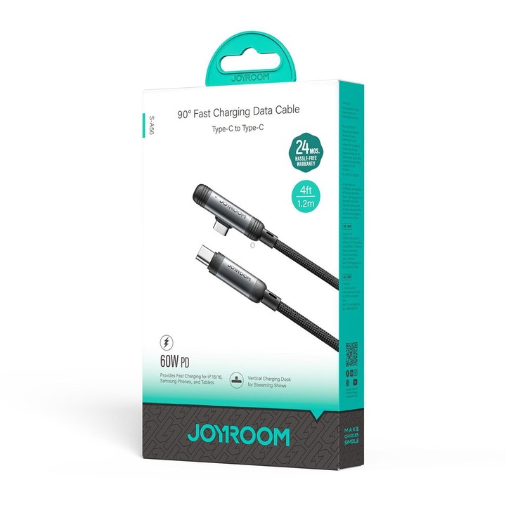 JOYROOM S-A56 EnjoyX Series 60W Type-C to Type-C 90 Degree Fast Charging Data Cable, Length:1.2m(Black)
