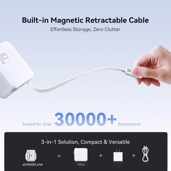 JOYROOM JR-TCL06 67W USB-C / Type-C Port GaN Fast Charger with Retractable Cable, UK Plug(White)