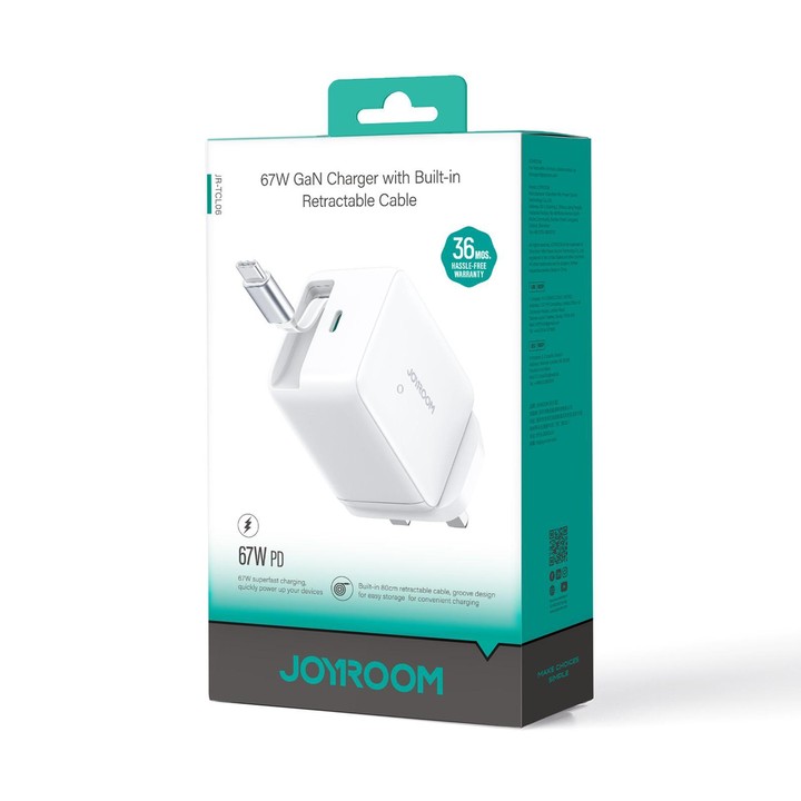 JOYROOM JR-TCL06 67W USB-C / Type-C Port GaN Fast Charger with Retractable Cable, UK Plug(White)