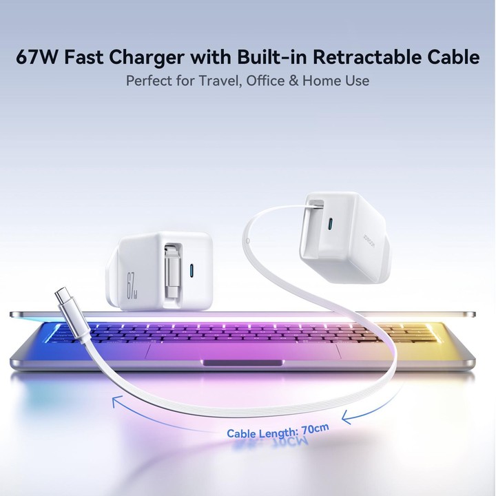 JOYROOM JR-TCL06 67W USB-C / Type-C Port GaN Fast Charger with Retractable Cable, UK Plug(White)