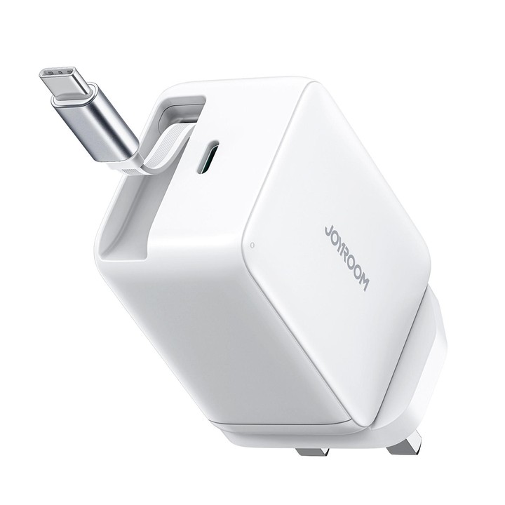 JOYROOM JR-TCL06 67W USB-C / Type-C Port GaN Fast Charger with Retractable Cable, UK Plug(White)