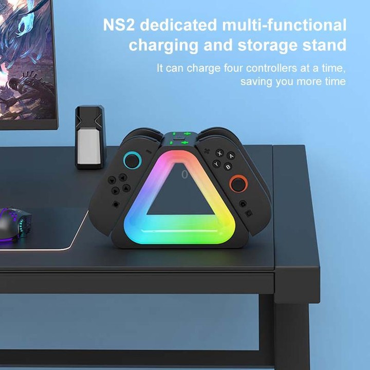 For Nintendo Switch 2 4 in 1 Triangle Handle Charging Base with RGB Light(Black)