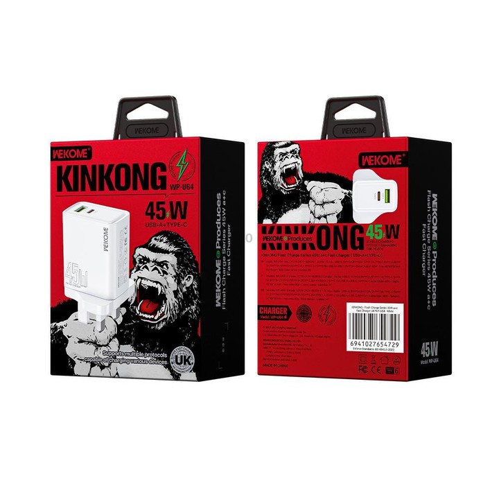 UK Plug WK WP-U64 45W Kinkong Flash Charge USB+Type-C Port Fast Charger