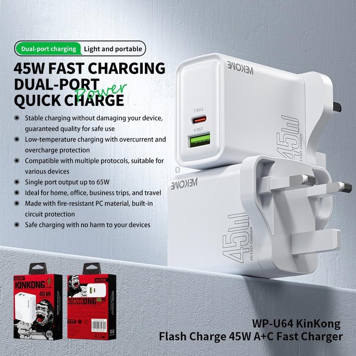 UK Plug WK WP-U64 45W Kinkong Flash Charge USB+Type-C Port Fast Charger