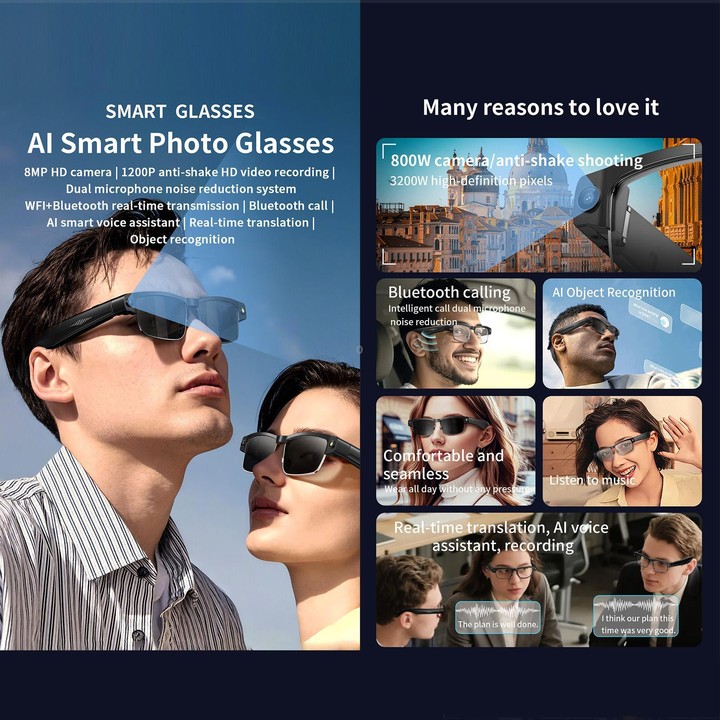 L802 Smart Glasses with 8MP HD Camera Video Recording WiFi Transmission Al Smart Voice Assistant Smart Wearable Headset(Sunglass