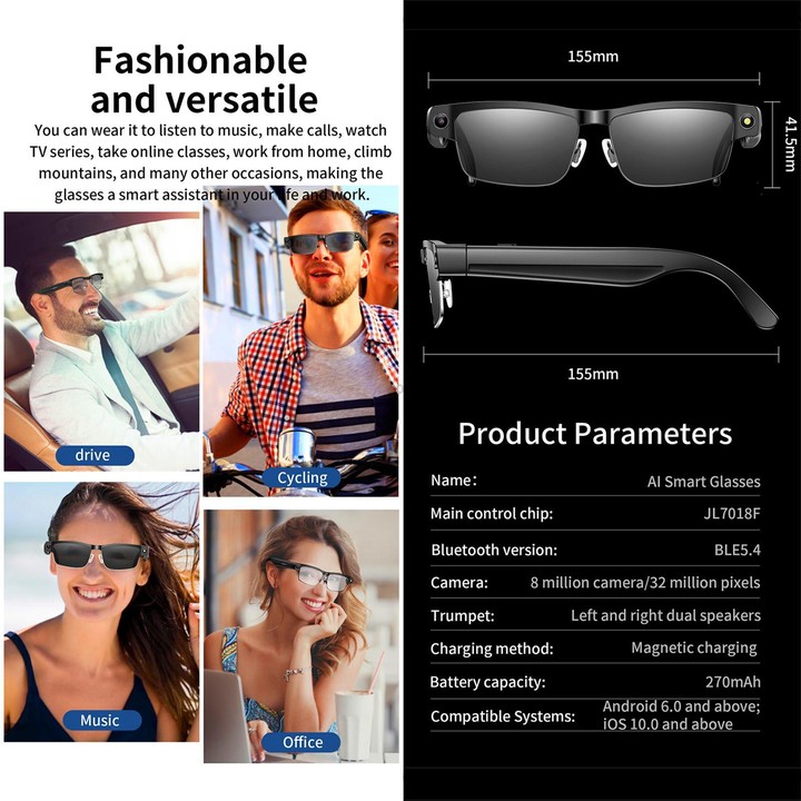 L802 Smart Glasses with 8MP HD Camera Video Recording WiFi Transmission Al Smart Voice Assistant Smart Wearable Headset(Sunglass