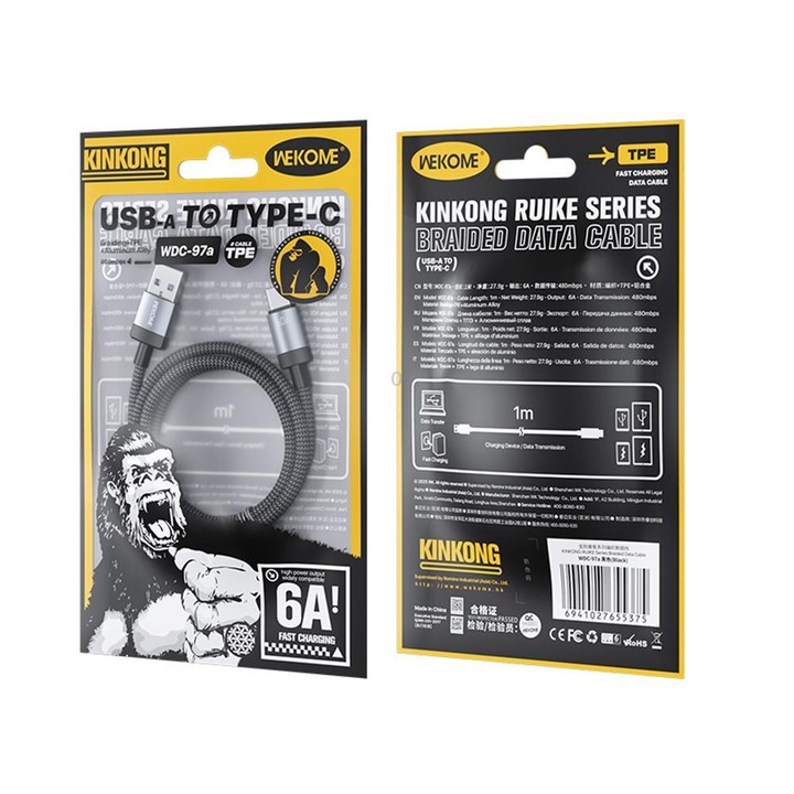 WK WDC-97 Kingkong Ruike Series Braided Charging Data Cable, USB to USB-C / Type-C Port, Length: 1m(Black)
