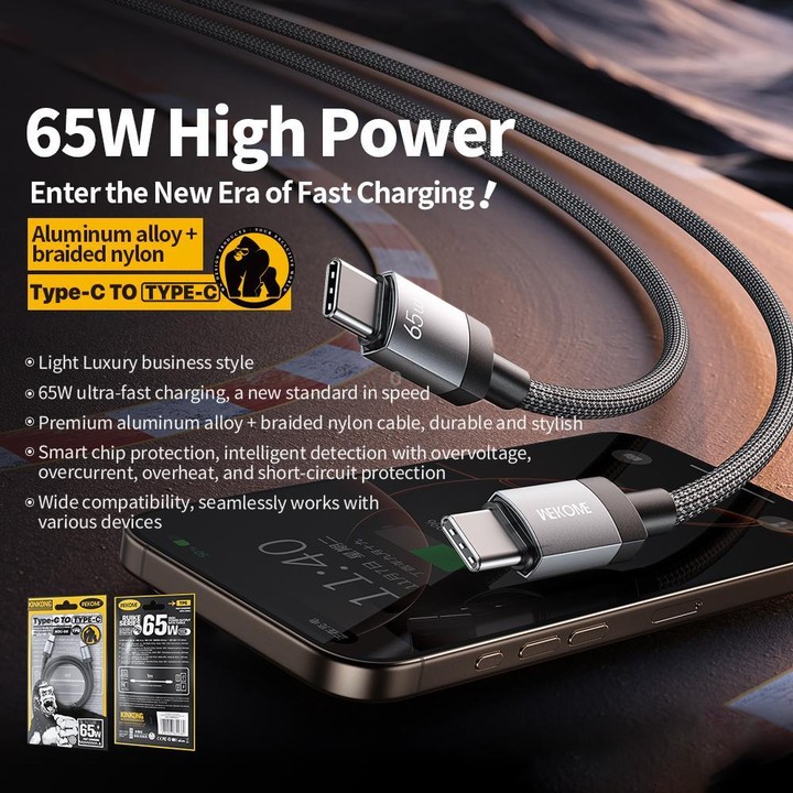 WK WDC-98 Kingkong Ruike Series 65W USB-C / Type-C to USB-C / Type-C Braided Charging Data Cable, Length: 1m(Black)