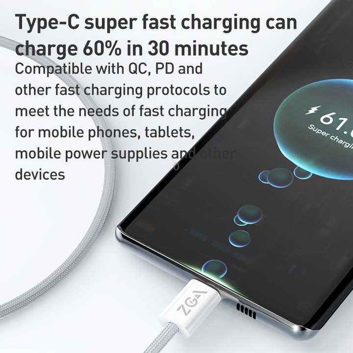 ZGA CB06 60W Type-C to Type-C Fast Charging Braided Data Cable, Length: 1m(White)