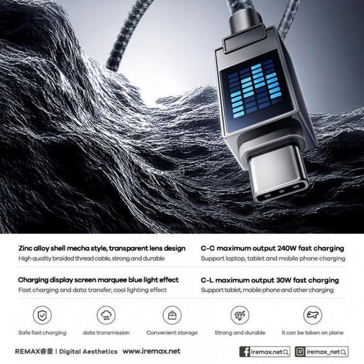 REMAX CB01 PD65W Type-C to Type-C Aluminum Alloy Braided Fast Charging Data Cable with LED Light, Length: 1.2m(Black)
