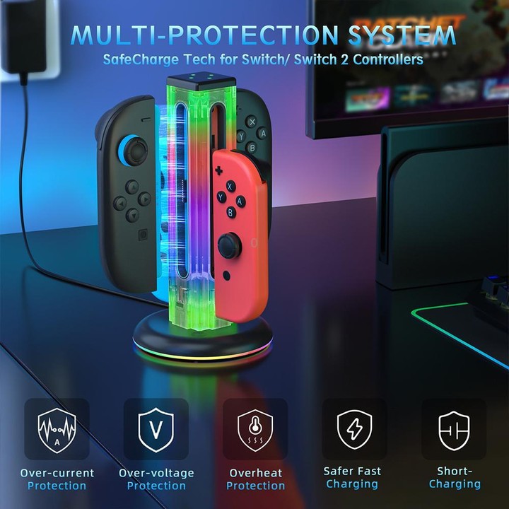 For Nintendo Switch 1 / 2 JYS NS2318 4 in 1 Game Controller Charging Dock with RGB Light(Transparent Black)