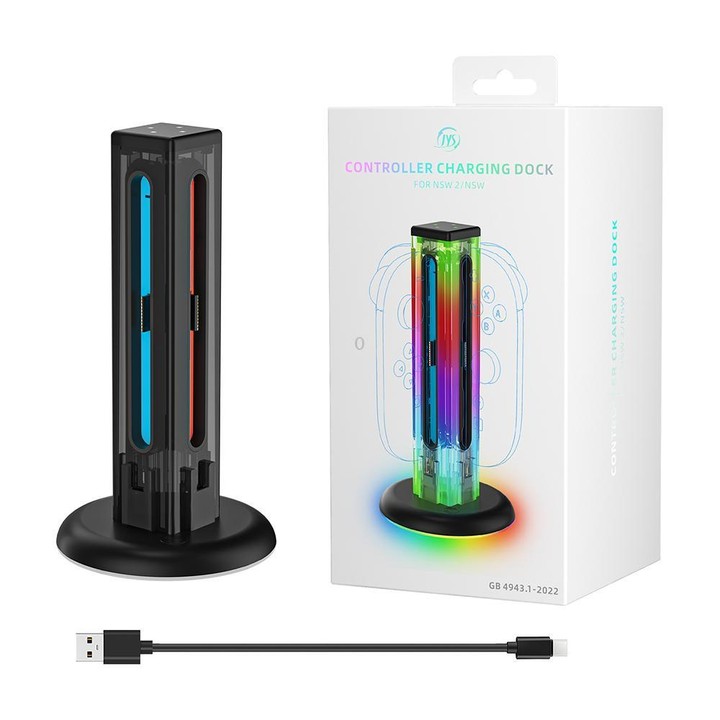 For Nintendo Switch 1 / 2 JYS NS2318 4 in 1 Game Controller Charging Dock with RGB Light(Transparent Black)