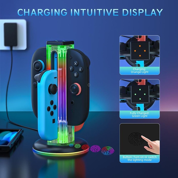 For Nintendo Switch 1 / 2 JYS NS2318 4 in 1 Game Controller Charging Dock with RGB Light(Transparent Black)