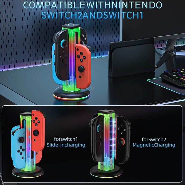 For Nintendo Switch 1 / 2 JYS NS2318 4 in 1 Game Controller Charging Dock with RGB Light(Transparent)
