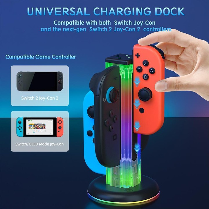 For Nintendo Switch 1 / 2 JYS NS2318 4 in 1 Game Controller Charging Dock with RGB Light(Transparent)