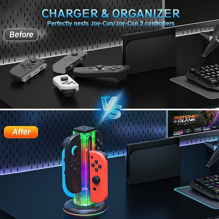 For Nintendo Switch 1 / 2 JYS NS2318 4 in 1 Game Controller Charging Dock with RGB Light(Transparent)