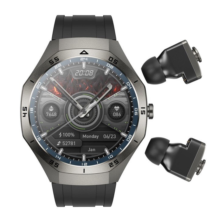 F38 Dual-ear Bluetooth Earphone Smart Watch IP67 Supports Heart Rate Monitoring, Watchband:Silicone(Black)