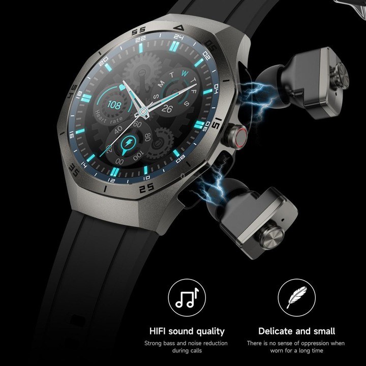 F38 Dual-ear Bluetooth Earphone Smart Watch IP67 Supports Heart Rate Monitoring, Watchband:Silicone(Black)