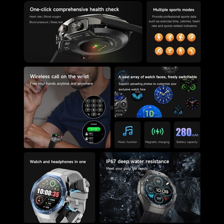 F38 Dual-ear Bluetooth Earphone Smart Watch IP67 Supports Heart Rate Monitoring, Watchband:Leather(Silver)
