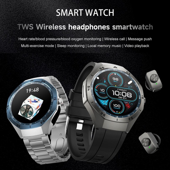 F38 Dual-ear Bluetooth Earphone Smart Watch IP67 Supports Heart Rate Monitoring, Watchband:Leather(Silver)